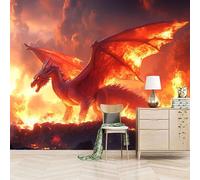 Foto Murale 3d Carta Da Parati Autoadesiva Murale 300x210 cm Drago Rosso Gigante - Non Tessuto - Fantasia Dei Cartoni Animati Rimovibile senza Segni - Per Camera da Letto e Soggiorno