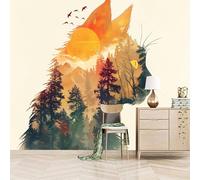 Foto Murale 3d Carta Da Parati Autoadesiva Murale 300x210 cm La Foresta Delinea Il Gatto - Non Tessuto - Arte Creativa Fantasy Rimovibile senza Segni - Per Camera da Letto e Soggiorno