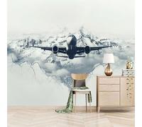 Foto Murale 3d Carta Da Parati Autoadesiva Murale 300x210 cm L'aereo Sorvola Le Montagne Innevate E La Città-Non Tessuto-Stile Artistico Surreale Rimovibile senza Segni-Per Camera