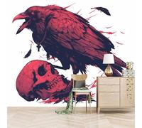 Foto Murale 3d Carta Da Parati Autoadesiva Murale 300x210 cm Teschio Di Animale Rosso - Non Tessuto - Stile Scuro Rimovibile senza Segni - Per Camera da Letto e Soggiorno