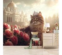 Foto Murale 3d Carta Da Parati Autoadesiva Murale 300x256 cm Gatto Tra I Fiori - Non Tessuto - Fiaba Del Castello Retrò Rimovibile senza Segni - Per Camera da Letto e Soggiorno