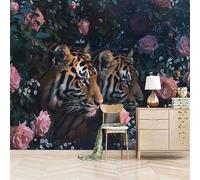Foto Murale 3d Carta Da Parati Autoadesiva Murale 300x256 cm Le Rose Circondano La Tigre - Non Tessuto - Animale Rimovibile senza Segni - Per Camera da Letto e Soggiorno