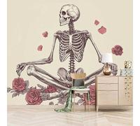 Foto Murale 3d Carta Da Parati Autoadesiva Murale 300x256 cm Scheletro Seduto In Meditazione - Non Tessuto - Circondato Da Rose Rimovibile senza Segni - Per Camera da Letto e Soggiorno