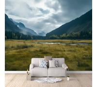 Foto Murale 3d Carta Da Parati Autoadesiva Murale 300x256 cm Valle, Nebbia, Campi Verdi - Non Tessuto - Scenario Naturale Rimovibile senza Segni - Per Camera da Letto e Soggiorno