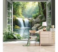 Foto Murale 3d Carta Da Parati Autoadesiva Murale 366x256 cm Cascata E Piante Verdi Fuori Dalla Finestra - Non Tessuto - Stile Fresco E Naturale Rimovibile senza Segni - Per Camera da Letto