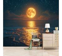 Foto Murale 3d Carta Da Parati Autoadesiva Murale 366x256 cm Spiaggia Al Chiaro Di Luna - Non Tessuto - Vista Notturna Romantica Sul Mare Rimovibile senza Segni - Per Camera da Letto e Soggiorno