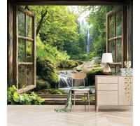 Foto Murale 3d Carta Da Parati Autoadesiva Murale 400x280 cm Foresta Di Cascate Fuori Dalla Finestra - Non Tessuto - Fresco Scenario Naturale Rimovibile senza Segni - Per Camera da Letto e Soggiorno