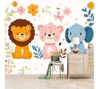 Foto Murale 3d Carta Da Parati Autoadesiva Murale 400x280 cm Leone Leopardo Elefante Dei Cartoni Animati - Non Tessuto - Disegno Anime Rimovibile senza Segni - Per Camera da Letto e Soggiorno