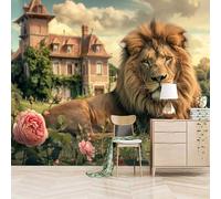 Foto Murale 3d Carta Da Parati Autoadesiva Murale 400x280 cm Un Leone Sdraiato Tranquillamente Tra I Fiori - Non Tessuto - Animale Rimovibile senza Segni - Per Camera da Letto e Soggiorno