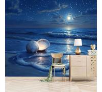 Foto Murale 3d Carta Da Parati Autoadesiva Murale 500x280 cm Onde Sulla Spiaggia Al Chiaro Di Luna - Non Tessuto - Scena Notturna In Riva Al Mare Rimovibile senza Segni - Per Camera da Letto