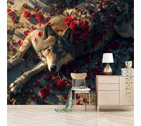 Foto Murale 3d Carta Da Parati Autoadesiva Murale 500x280 cm Rose Che Circondano Il Lupo - Non Tessuto - Natura E Romanticismo Rimovibile senza Segni - Per Camera da Letto e Soggiorno