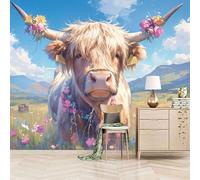 Foto Murale 3d Carta Da Parati Autoadesiva Murale 500x280 cm Simpatica Mucca Con Corona In Un Campo Di Fiori - Non Tessuto - Animale Rimovibile senza Segni - Per Camera da Letto e Soggiorno