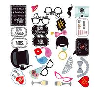 Foto Props per Feste 31 pezzi Photo Booth Puntelli kit Divertente Puntelli per Cabina Fotografica Mix di Palo de Madera Cappelli Rossetto Cravatta Corone e Altro per Festa Matrimonio Compleanno
