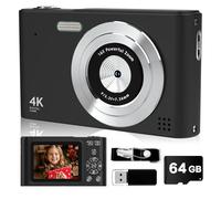 Fotocamera digitale, 44 MP Full HD 1080P, punta e scatta con scheda da 64 GB, stabilizzatrice d'immagine, zoom 16x, compatta, piccola fotocamera portatile, regalo per bambini, ragazzi e ragazze