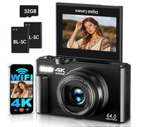 Fotocamera Digitale 4K con WLAN Fotocamera 64MP 3" Schermo Pieghevole a 180° Fotocamera per Bambini Principianti, Zoom Digitale 18X, Autofocus, con Scheda da 32GB, 2 Batterie