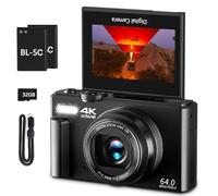 Fotocamera digitale 4K, fotocamera Vlogging da 64 MP con schermo flip da 3 pollici a 180°, zoom digitale 18x, include scheda micro SD da 32 GB, ideale per principianti, fotografia e YouTube