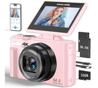 Fotocamera digitale 4K per fotografia, fotocamera Vlogging da 64 MP per YouTube con schermo flip da 3 pollici a 180°, punto zoom digitale 18X e fotocamera con scheda Micro SD da 32 GB per principianti