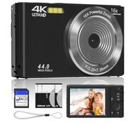 Fotocamera digitale 4K per ragazzi con zoom 16X messa a fuoco automatica, piccola fotocamera digitale compatta portatile per ragazzi e ragazze, con scheda SD da 64 G, 2 batterie (nero)