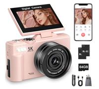Fotocamera digitale 5K, 75 MP, WiFi, DSLR, autofocus, zoom 18x, con schermo flip a 180°, schermo LCD da 3 pollici, scheda da 64 GB, 2 batterie, fotocamera compatta per vlogging per viaggi, Youtube