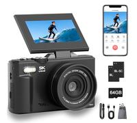 Fotocamera digitale 5K, 75 MP WiFi Dslr con schermo flip a 180 ° LCD da 3 pollici, zoom automatico da 64 GB, 2 batterie, fotocamera compatta per vlogging per viaggi, Youtube, principianti, adolescenti