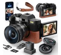 Fotocamera digitale 5K e 64MP per fotografia e video, zoom 16x, WiFi, schermo flip a 180°, autofocus, anti-shake, obiettivo grandangolare e macro, luce di riempimento integrata, custodia in pelle PU
