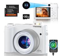 Fotocamera Digitale 64MP 4K,Macchina Fotografica Digitale Compatta con Doppio Obiettivo Scheda 32GB, Zoom 16X Anti-Shake, 2 Batterie per Adolescenti,Principianti, Adulti(Bianco)