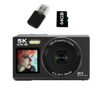Fotocamera digitale con scheda da 64 GB e lettore USB 5K UHD 8000 W Pixel con zoom 18X Messa a fuoco automatica per viaggi e vita quotidiana Nero