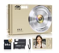 Fotocamera digitale, FHD 4K 44 MP fotocamera digitale autofocus con scheda SD da 64 GB zoom digitale 16x, fotocamere dorate per fotografia fotocamera compatta portatile per adolescenti adulti bambini