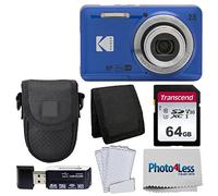 Fotocamera digitale Kodak PIXPRO FZ55 (blu) + custodia nera per fotocamera + scheda di memoria SD Transcend da 64 GB + portafoglio per schede di memoria Tri-fold + lettore di schede SD USB ad alta