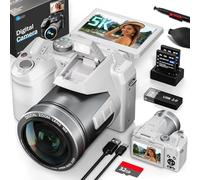 Fotocamera digitale professionale da 64 MP per autofocus, fotocamera 5K Vlogging per YouTube, fotocamera da viaggio compatta anti-shake con WiFi e controllo app, flash, scheda SD, 2 batterie (bianco)