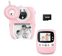Fotocamera per Bambini - 30 MP, 1080P, Schermo da 2,4 Pollici, Istantanea, Stampa in Bianco e Nero, Digitale Con Scheda TF da 32 GB, Penna a Pennello da 6 (pin'k)