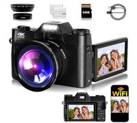 Fotocamera per vlogging, fotocamera digitale 4K 48MP per fotografia, zoom digitale 16x, fotocamera per vlogging per YouTube con schermo flip a 180 gradi, obiettivo grandangolare, 2 batterie e scheda