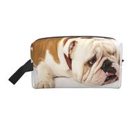 Fotografia di un bulldog inglese triste e stanco con crema marrone. Organizer per cosmetici di grande capacità, borsa da viaggio per il trucco da donna.