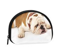 Fotografia di un bulldog inglese triste e stanco con crema marrone. Piccola borsa porta-assorbente per il trucco, portamonete per cosmetici da donna.