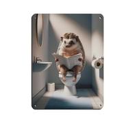 Fotografia di un riccio che legge il giornale sulla toilette, divertente decorazione per il bagno retrò poster metallo latta segno chic arte retrò pittura ferro bar persone grotta caffè famiglia