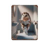 Fotografia di un riccio che legge il giornale sulla toilette, divertente decorazione per il bagno retrò poster metallo latta segno chic arte retrò pittura ferro bar persone grotta caffè famiglia