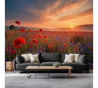 Fotografia Tramonto Campo Di Papaveri Carta da Parati In Tessuti non Tessuti 300 x 210 cm Murali, Colore Arancione Fotomurale Murale Soggiorno Camera da Letto Cameretta Dei Bambini Decorazione
