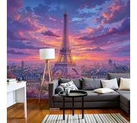 fotografica in tessuto non tessuto con tramonto e Torre Eiffel, effetto 3D, tema natura, città e architettura per soggiorno e camera da letto, colore viola, rivestimento murale in tess