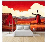 Fotomurale 3D 250 x 175 cm per Cameretta Bambini Carta da Parati in TNT Premium Bianco Campagna Mulini A Vento Mucche Pascoli - Decorazione Muro per Camera dei Ragazzi e Ragazze, Facile da Installare