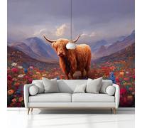 Fotomurale 3D Carta Da Parati Arte Digitale Fiori Animali Bovini Delle Highlands 350 x 256 cm Carta Da Parati Camera Letto Moderna Fotomurali, Grigio Murales Poster Gigante Moda Decorazione Da Muro