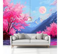 Fotomurale 3D Carta Da Parati Arte Digitale Luna Piena Montagne Ciliegi In Fiore 400 x 280 cm Carta Da Parati Camera Letto Moderna Fotomurali, Rosa Murales Poster Gigante Moda Decorazione Da Muro