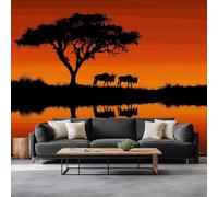Fotomurale 3D Carta Da Parati Arte Digitale Tramonto Gnu Silhouette Acacia 200 x 140 cm, Carta Da Parati Camera Letto Moderna Fotomurali Colore Arancione Murales Poster Moda Decorazione Da Muro