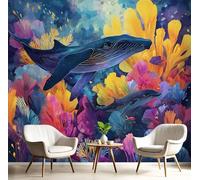Fotomurale 3D Carta Da Parati Fotografica Corallo Balena Paesaggio Oceanico Ad Acquerello 400X280Cm Carta Da Parati Camera Letto Moderna Fotomurali Murales Poster Gigante Blu Cobalto Decorazione