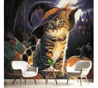 Fotomurale Carta Da Parati 350X256Cm Viola Murale Alla Gatto Di Halloween Decorazione Da Muro Soggiorno Camera Da Letto Poster Gigante Design Carta Per Pareti Animale Misterioso