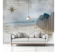 Fotomurale Carta da Parati Acquerello Spiaggia Colline Muro Di Legno 300 x 210 cm Fotomurali Murale Poster Gigante, Bianco Moderna Carta da Parati, per Camera Letto Soggiorno Stanza dei Bambini
