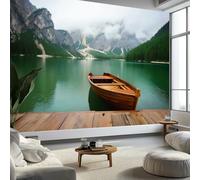 Fotomurale Carta da Parati Fotografia Lago Delle Dolomiti Barca Di Legno 200 x 140 cm Fotomurali Murale Poster Gigante, Verde Moderna Carta da Parati per Camera Letto Soggiorno Stanza dei Bambini