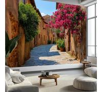 Fotomurale Carta da Parati Fotografia Strada Di Un Villaggio Italiano Fiori 200 x 140 cm Fotomurali Murale Poster Gigante, Marrone Moderna Carta da Parati per Camera Letto Soggiorno Stanza dei Bambini