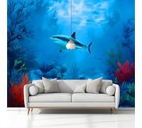 Fotomurale Carta da Parati Squalo Del Mondo Sottomarino E Alghe Coralline 200 x 140 cm Fotomurali Murale Poster Gigante, Blu Moderna Carta da Parati, per Camera Letto Soggiorno Stanza dei Bambini