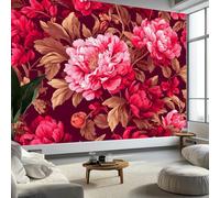 Fotomurale Carta da Parati Stile Retrò Peonia Foglie Rosse 300 x 210 cm Fotomurali Murale Poster Gigante, Rosso Moderna Carta da Parati per Camera Letto Soggiorno Stanza dei Bambini