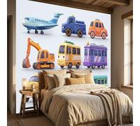 Fotomurale Carta da Parati Tessuto Non Tessuto Vari mezzi di trasporto Auto della polizia e camion dei pompieri in 3D in stile animato Murale Decorativo Moderno per Ufficio,350x256cm,Non Autoadesiva